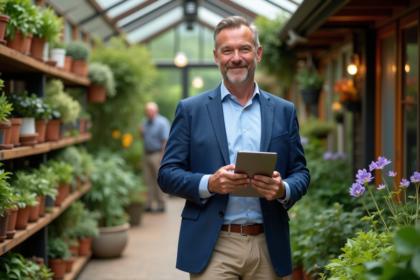 Homme en blazer bleu dans un centre de jardinage