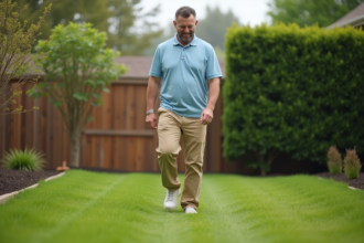Homme d'âge moyen marchant dans un jardin verdoyant