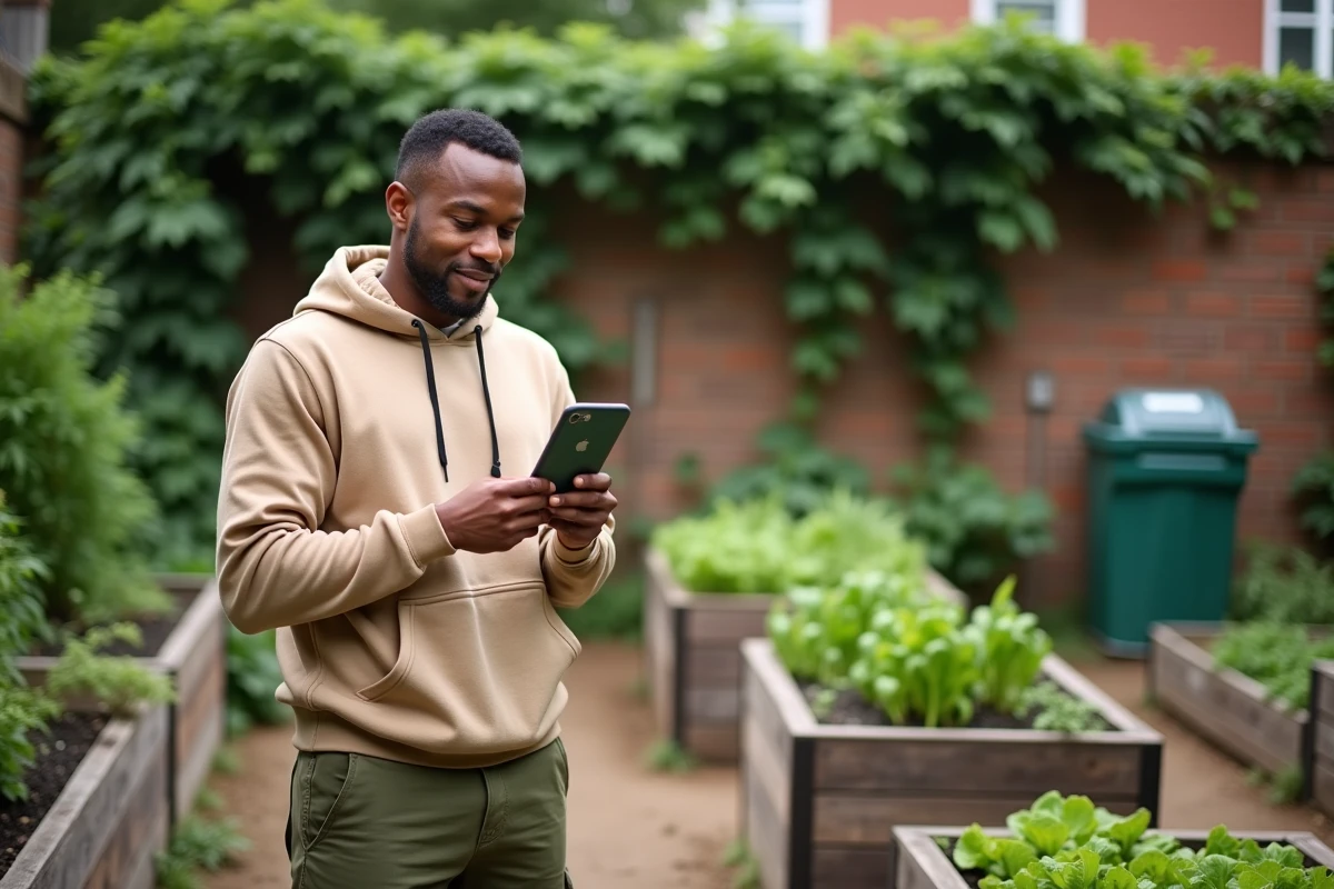 Homme dans un jardin urbain partagé consultant un site d'écologie pour débutants sur son smartphone