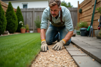 Homme en vêtements de jardinage pose du gravier sur le sol