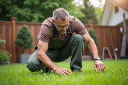 Homme d'âge moyen en vêtements de jardinage examine la pelouse