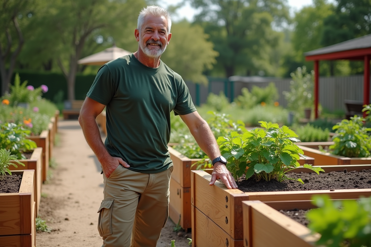 Homme montrant différentes profondeurs de jardinières en jardin communautaire