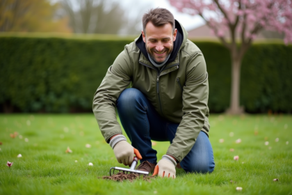 Homme d'âge moyen en plein jardinage au printemps