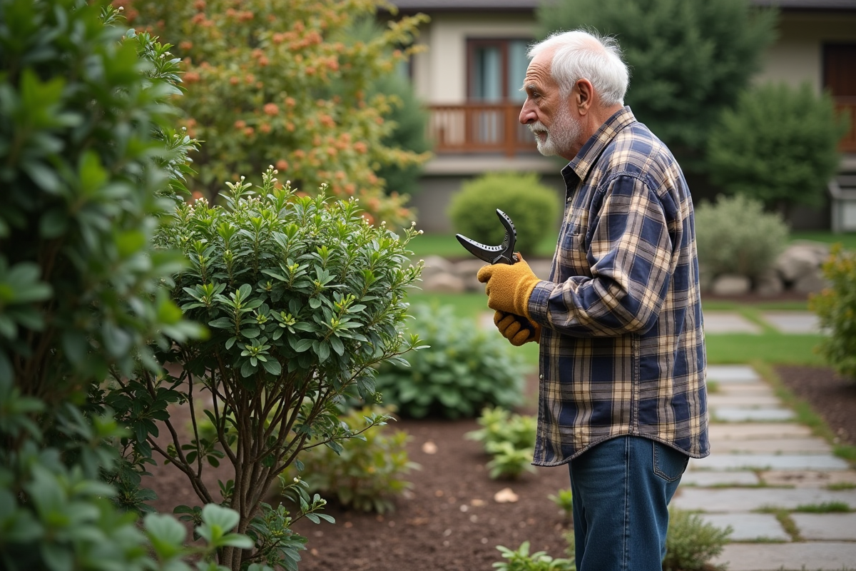Homme âgé taillant un arbuste dans le jardin