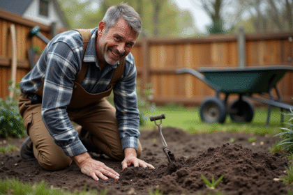 Homme en pantalon de travail et chemise à carreaux level le sol