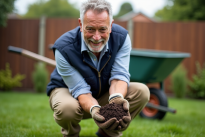 Homme d'âge moyen examine la terre dans son jardin