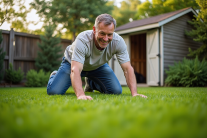 Homme d'âge moyen inspectant la pelouse dans un jardin