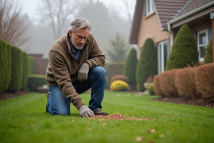 Homme d'âge moyen appliquant du fertilisant sur la pelouse en hiver