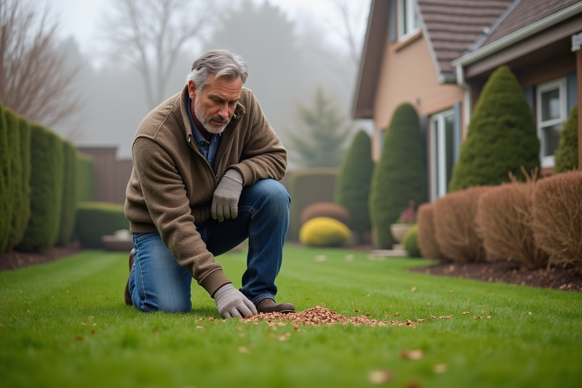 Homme d'âge moyen appliquant du fertilisant sur la pelouse en hiver