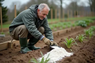 Homme en vêtements de travail étalant de la chaux dans un jardin