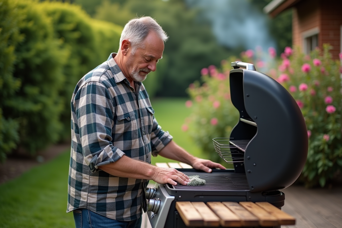Homme d'âge moyen nettoyant un barbecue classique dans le jardin
