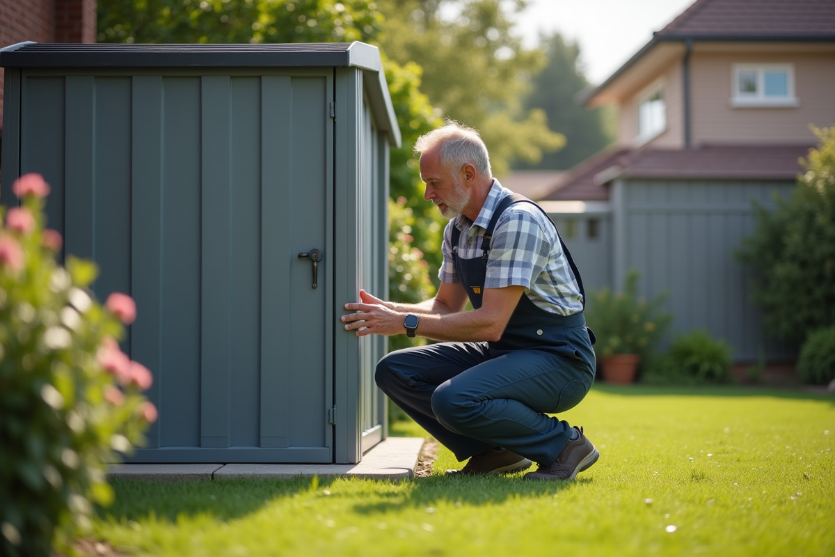 Homme en salopette examine une cabane en plastique dans un jardin