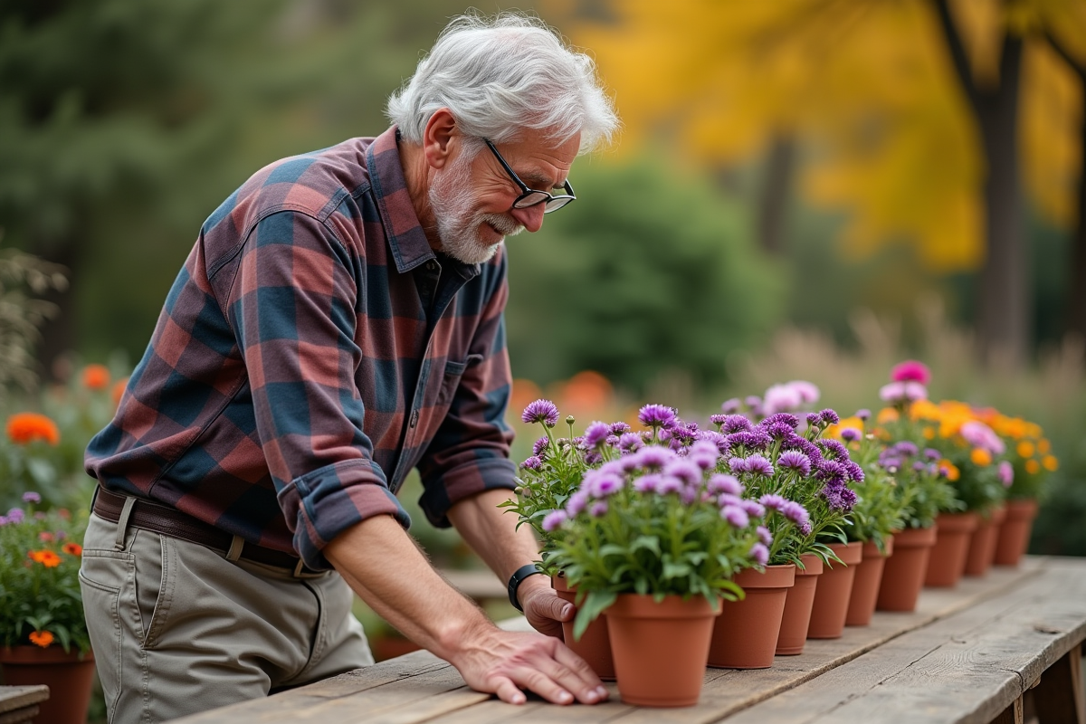 Homme âgé arrangeant des fleurs d automne sur une terrasse
