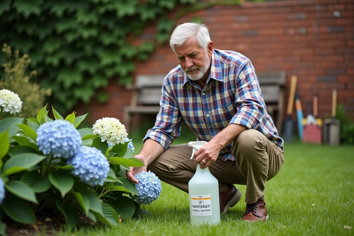 Homme examinant des hortensias dans le jardin