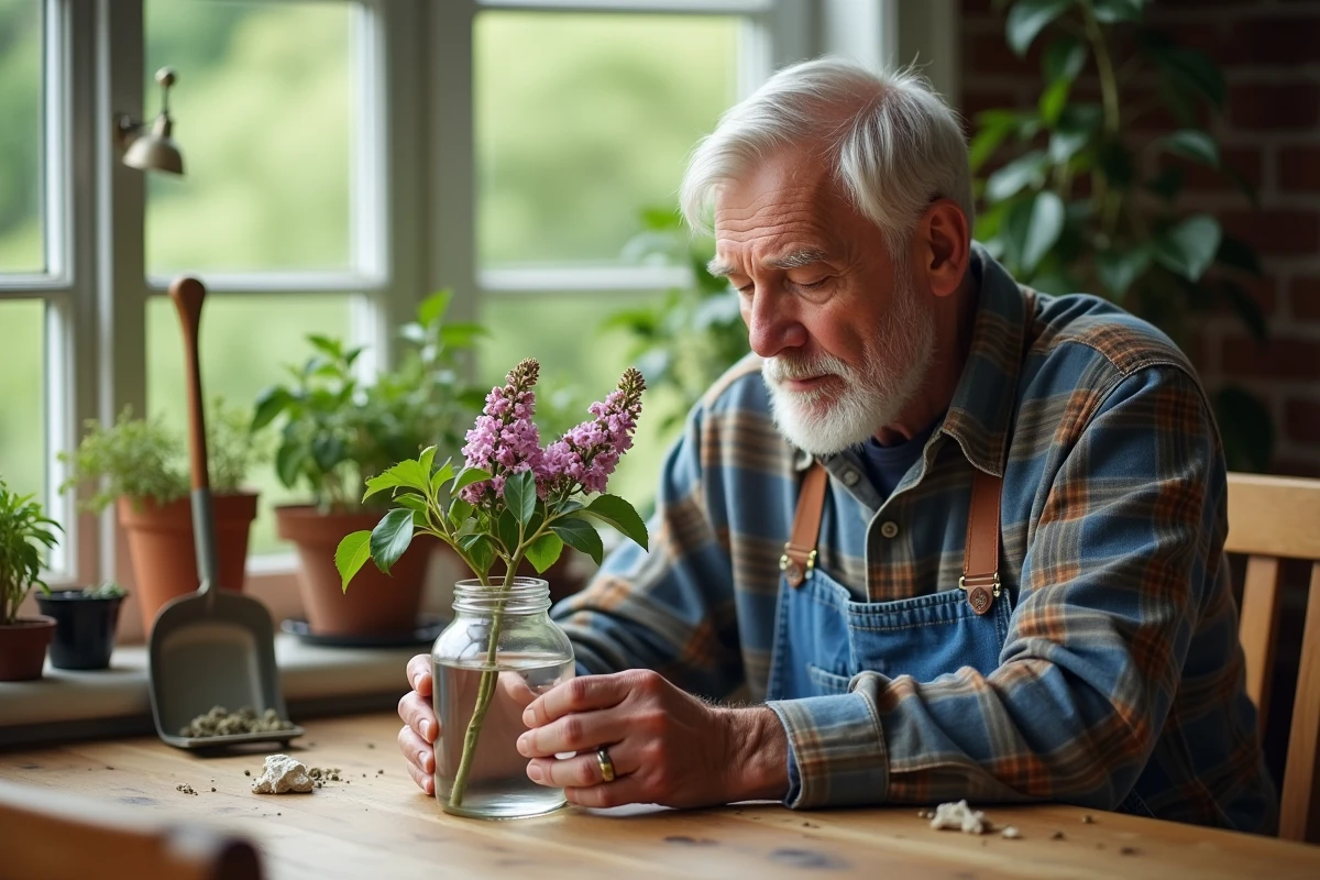 Homme âgé examinant un lilas flétri dans un verre d