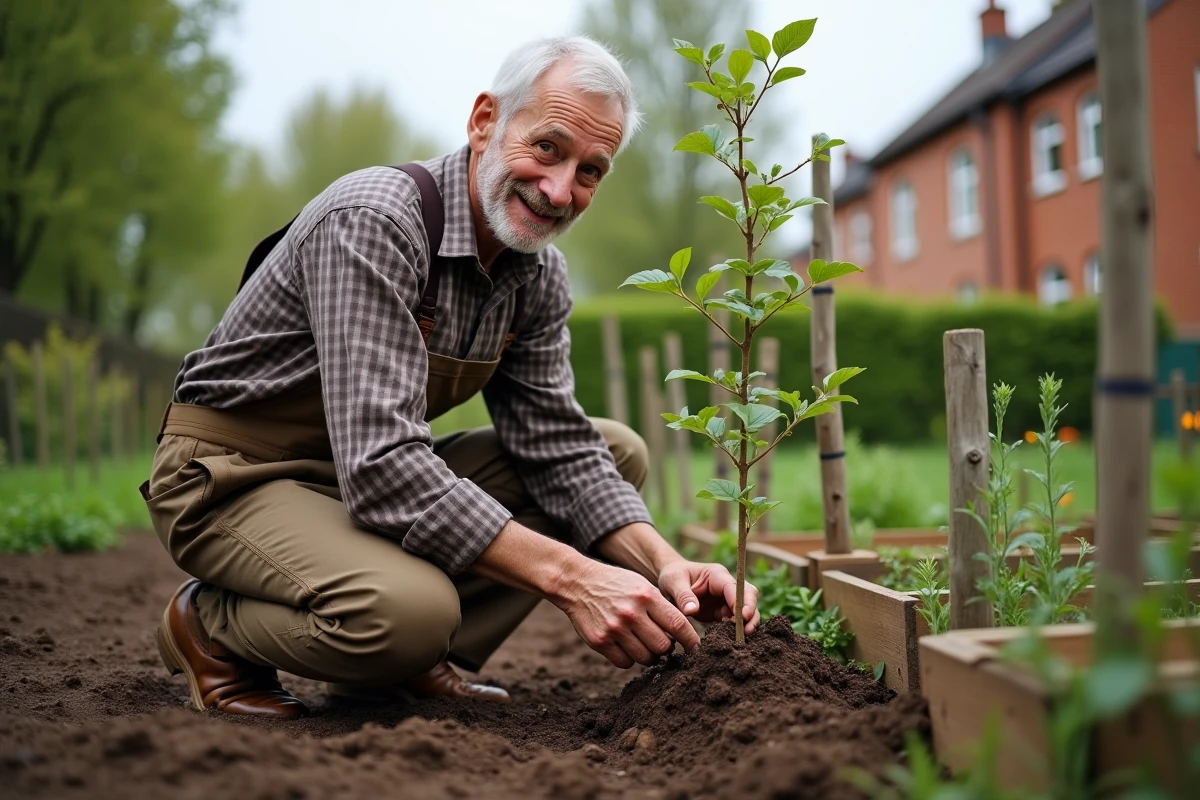Homme âgé plantant un jeune noyer dans un jardin