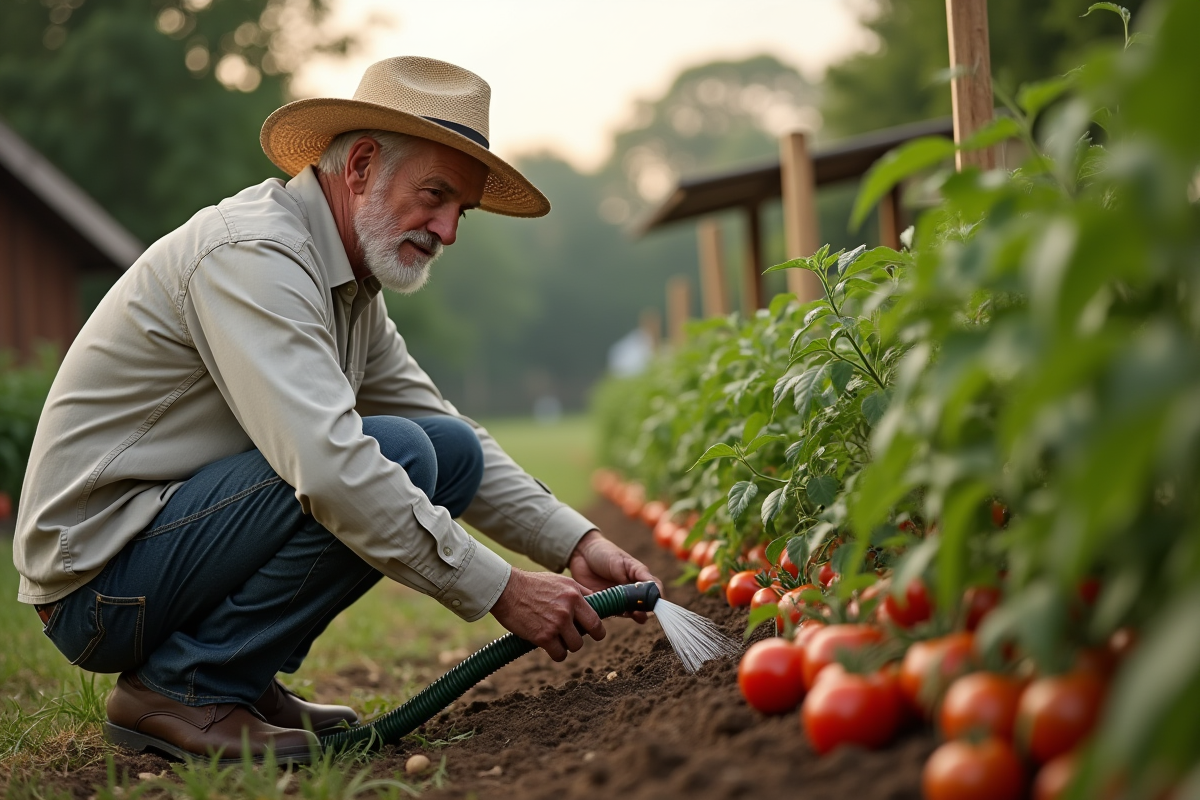 Homme âgé arrosant ses jeunes plants de tomates