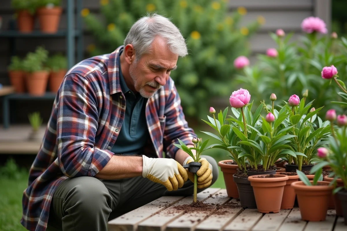 Homme préparant une tige de pivoine pour propagation