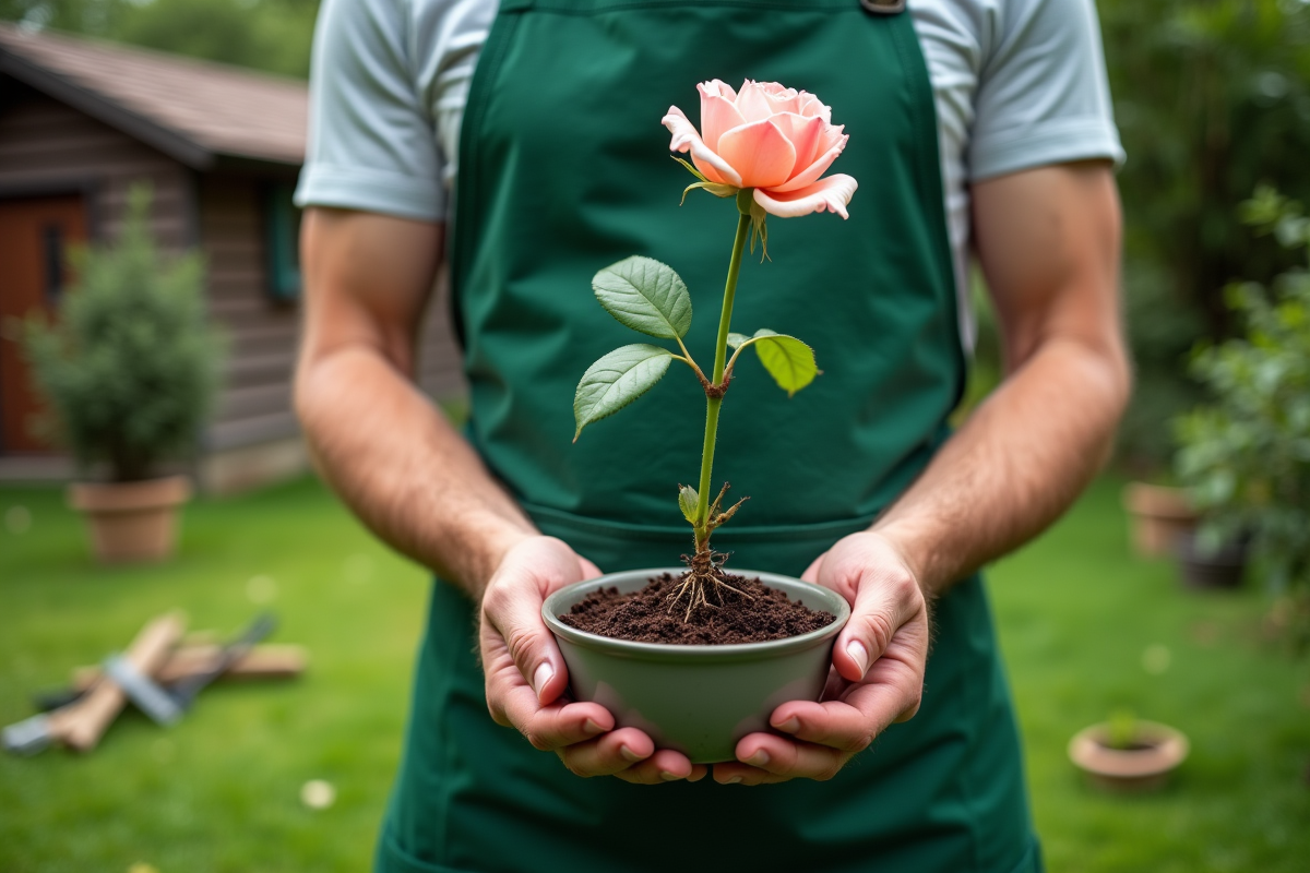 Homme en tablier vert coupant une branche de rosier dans le jardin