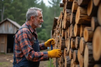 Homme inspectant une pile de bois dans la nature