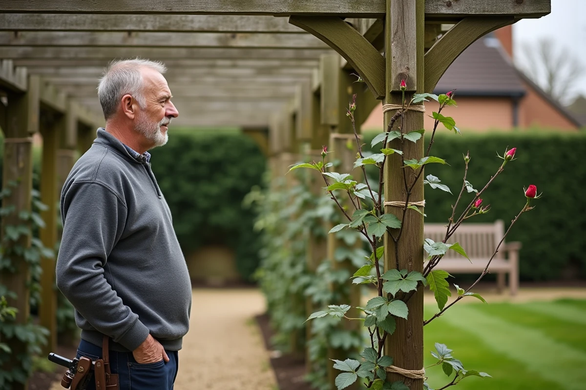 Homme évaluant la taille d'un rosier grimpant en espalier sur une pergola en bois dans un jardin résidentiel