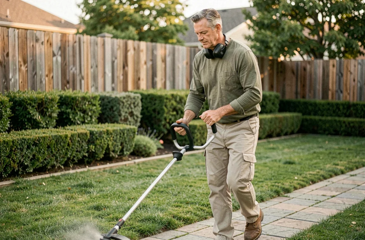 Homme utilisant un rotofil silencieux dans un jardin pavillonnaire avec protection auditive autour du cou