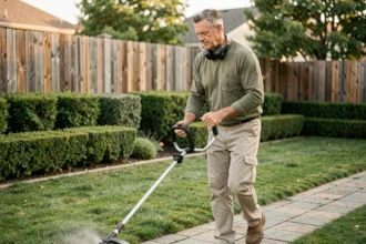 Homme utilisant un rotofil silencieux dans un jardin pavillonnaire avec protection auditive autour du cou