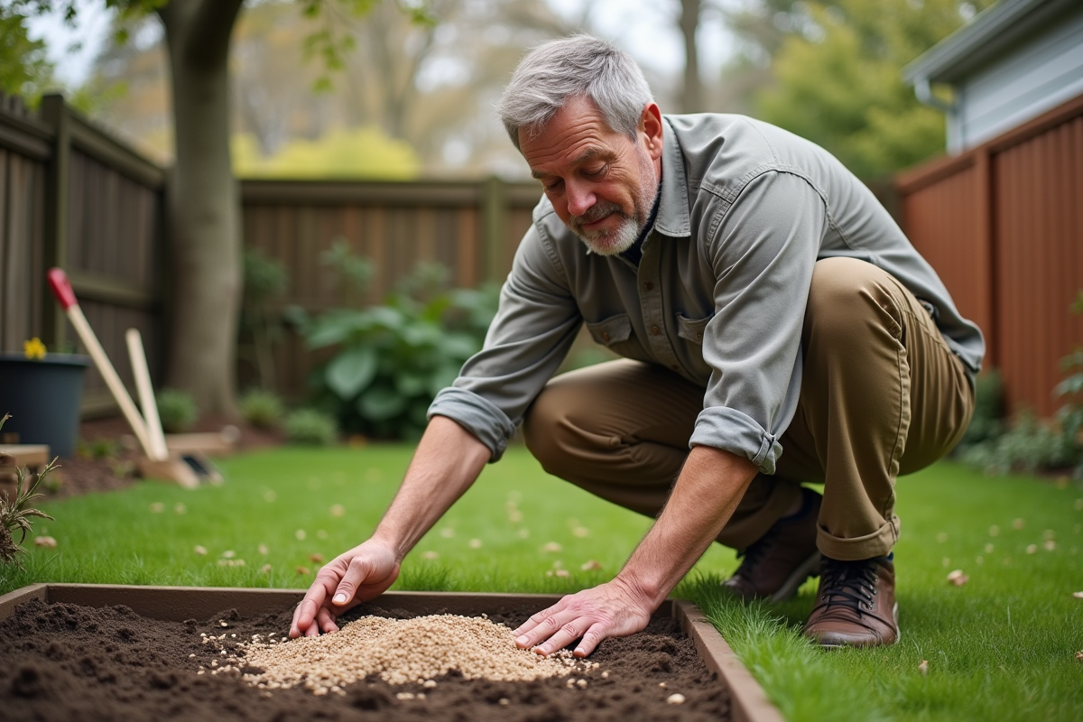 Homme en vêtements terre cuite semant des graines dans un jardin