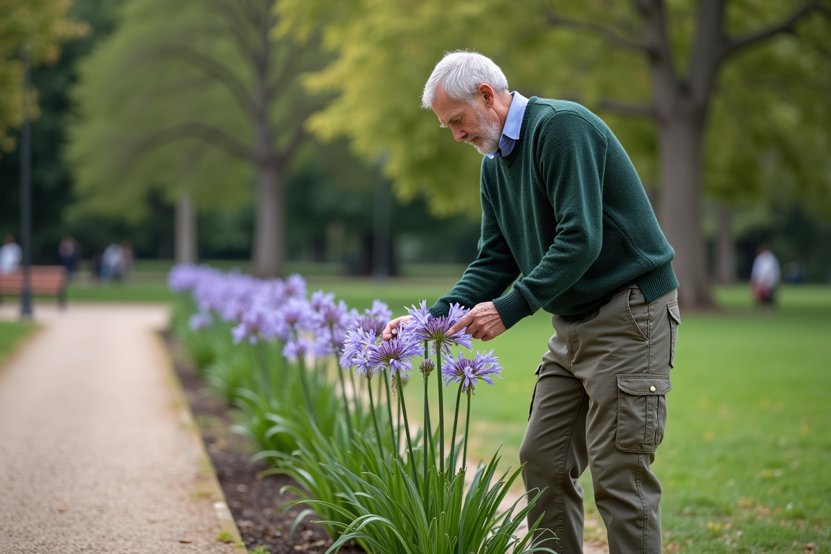 Homme âgé inspecte agapanthus dans parc public