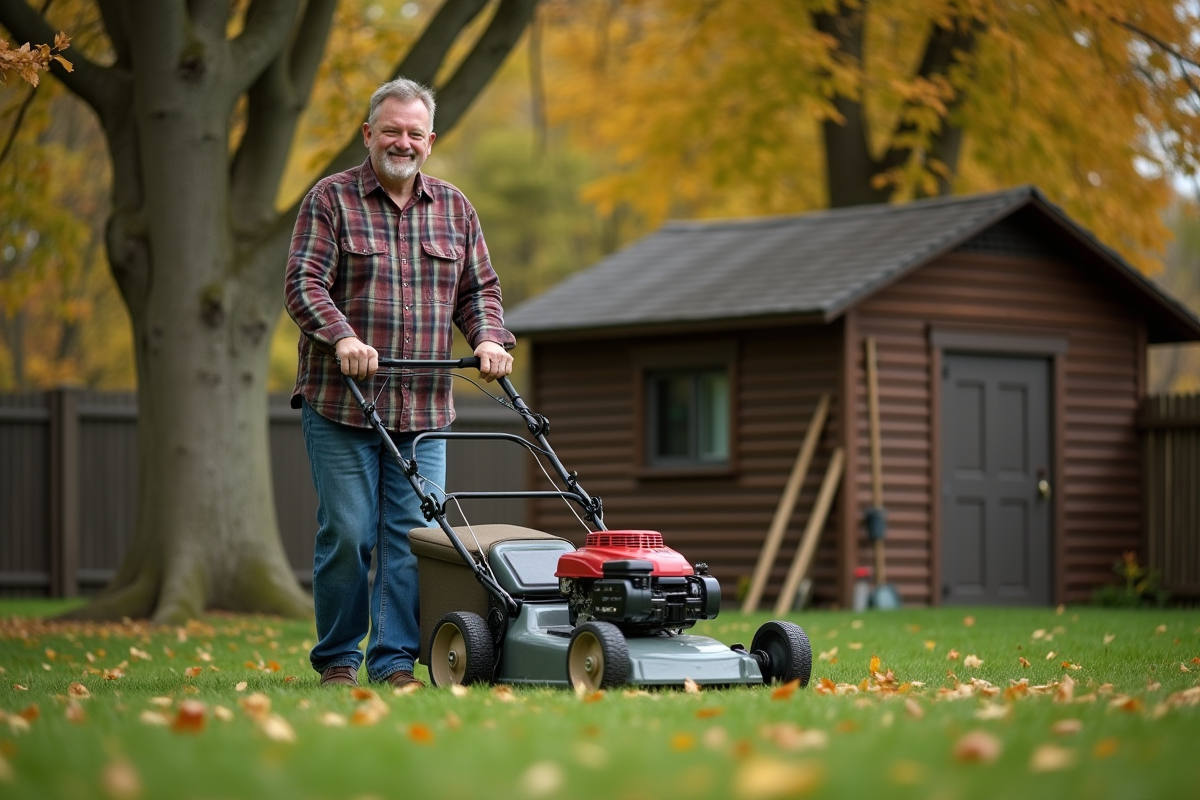 Homme d'âge moyen tondant la pelouse automnale dans un jardin