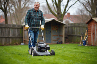 Homme d'âge moyen tondant la pelouse au printemps