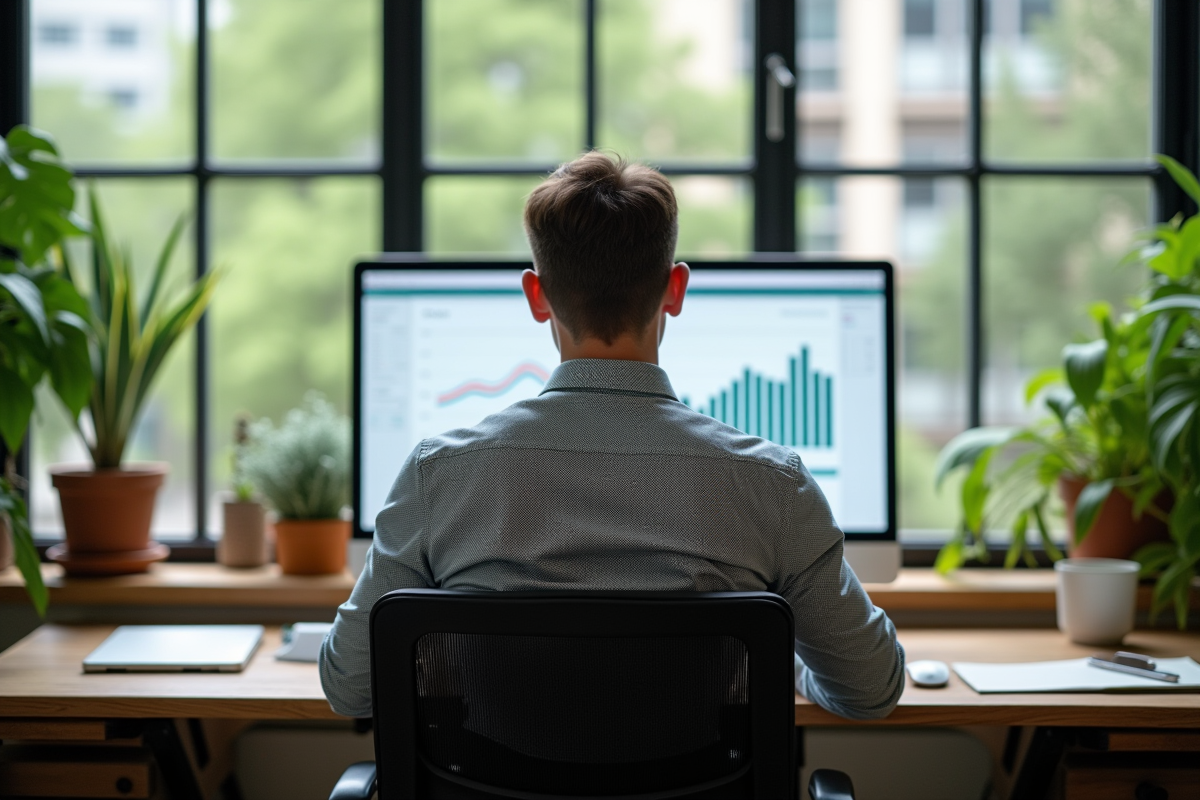 Homme analysant des données environnementales dans un bureau écologique