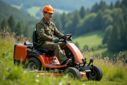 Homme en protection utilise tondeuse sur pente verte