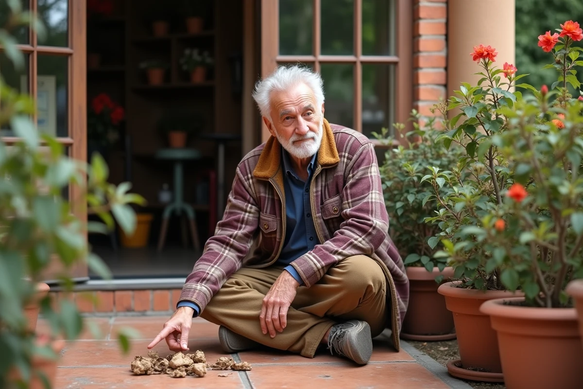 Homme âgé expliquant des feuilles mortes de bougainvillea sur la véranda