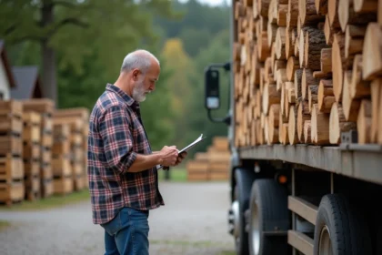 Homme inspectant une pile de bois de chauffage en extérieur