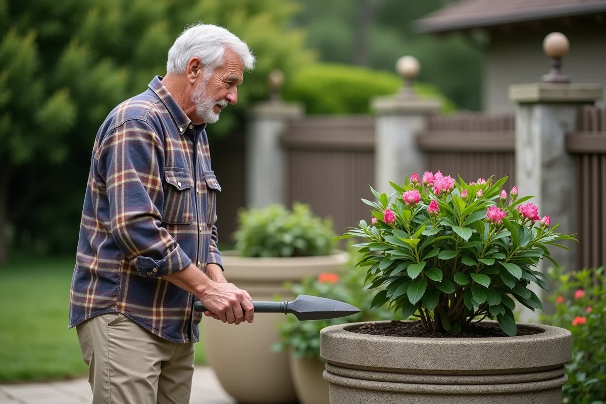 Homme âgé inspectant un rhododendron en pot dans le jardin