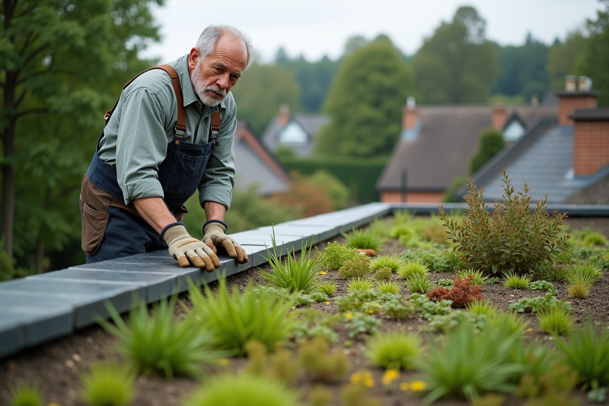 Homme inspectant un toit végétal avec des plantes variées