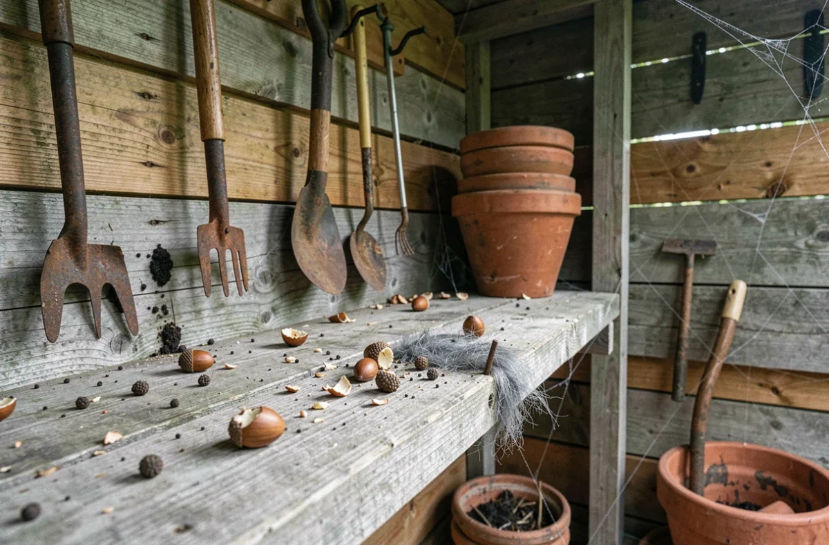 Indices de présence d'un loir dans un cabanon de jardin : crottes, restes de noix grignotées et poils sur une étagère en bois