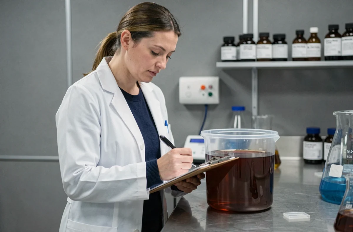 Ingénieure agricole analysant un échantillon d'engrais organique Humonia en laboratoire pour une stratégie de fertilisation durable