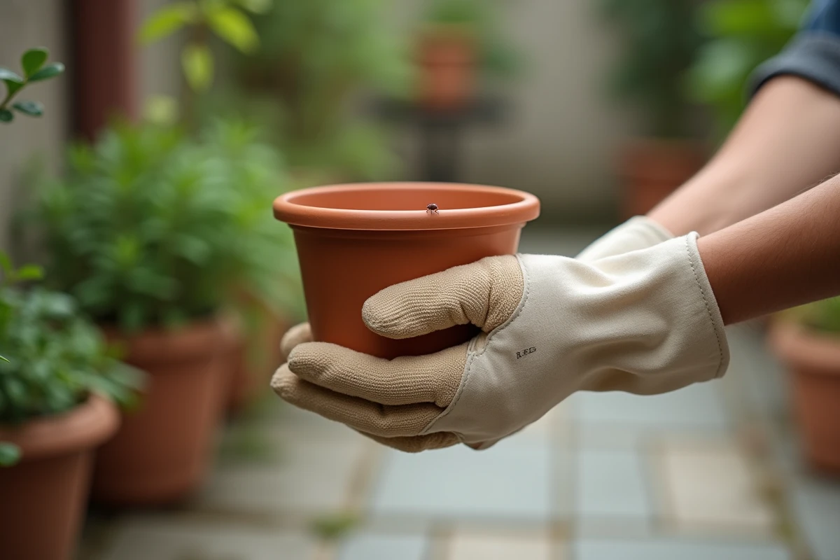 Main gantée de jardinage tenant un pot en terre cuite avec un petit insecte rouge visible sur le bord