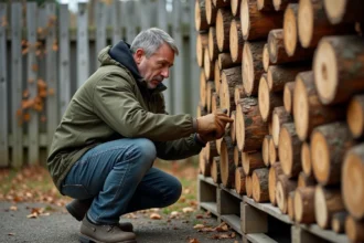 Homme inspectant des bûches de bois de chauffage sur palette pour détecter un bois humide ou mal séché