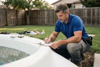 Technicien inspectant l'installation d'une piscine coque en polyester dans un jardin résidentiel, avec clipboard et outils de chantier visibles
