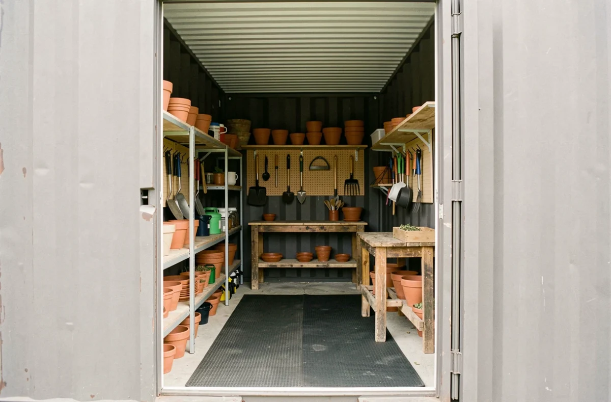 Intérieur aménagé d'un conteneur abri de jardin avec rangements, établi et outils de jardinage organisés