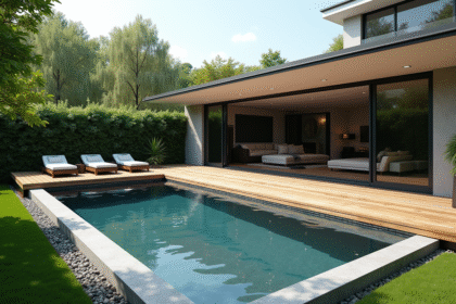 Spa nage moderne dans un jardin bien entretenu avec terrasse en bois