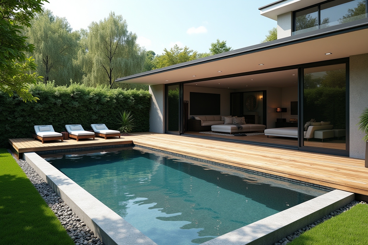 Spa nage moderne dans un jardin bien entretenu avec terrasse en bois