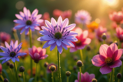 Jardin de fleurs colorées avec agapanthus anemone et astilbe