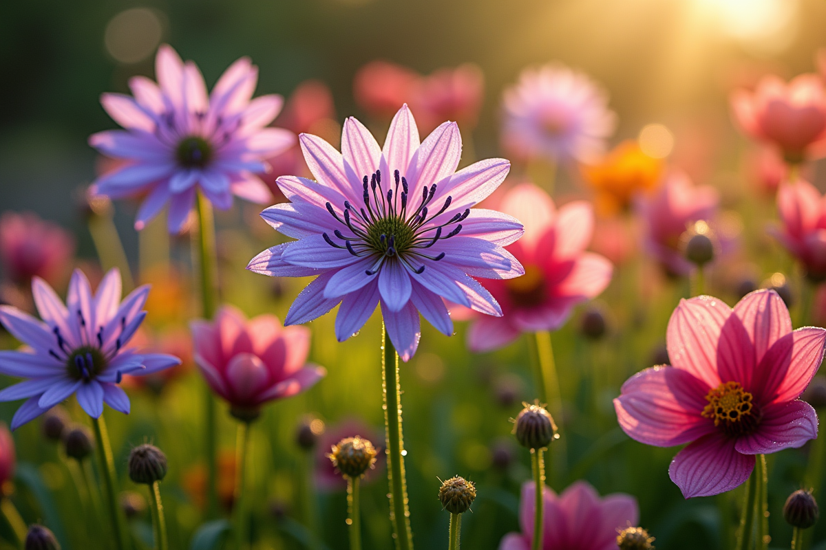 Jardin de fleurs colorées avec agapanthus anemone et astilbe