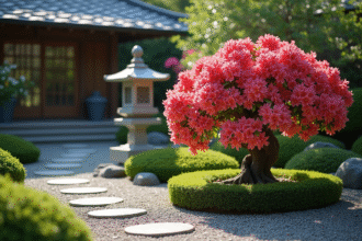 Jardin japonais traditionnel avec azalée en fleurs et lanterne en pierre