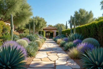 Jardin méditerranéen ensoleillé avec plantes résistantes à la sécheresse