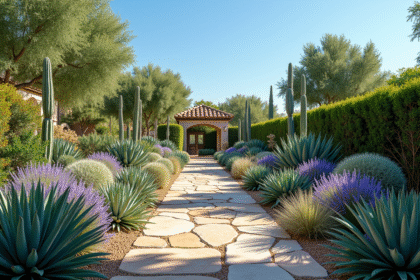 Jardin méditerranéen ensoleillé avec plantes résistantes à la sécheresse